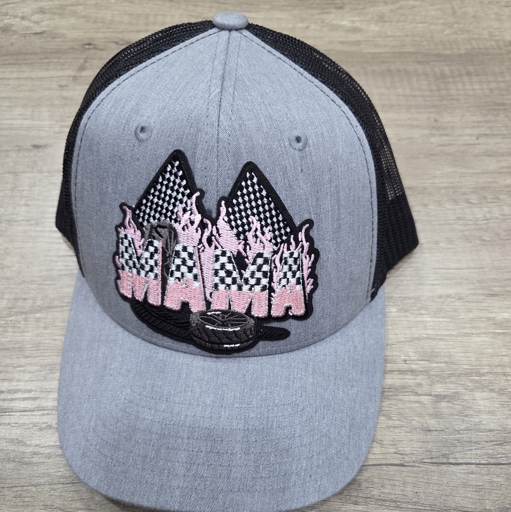 Gray and Black Trucker Hat with Pink Embroidery
